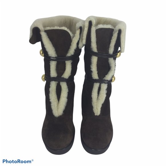 COACH 9M Wedge Mid Calf Booties Brown Suede Leather Fleece Winter - Picture 3 of 13